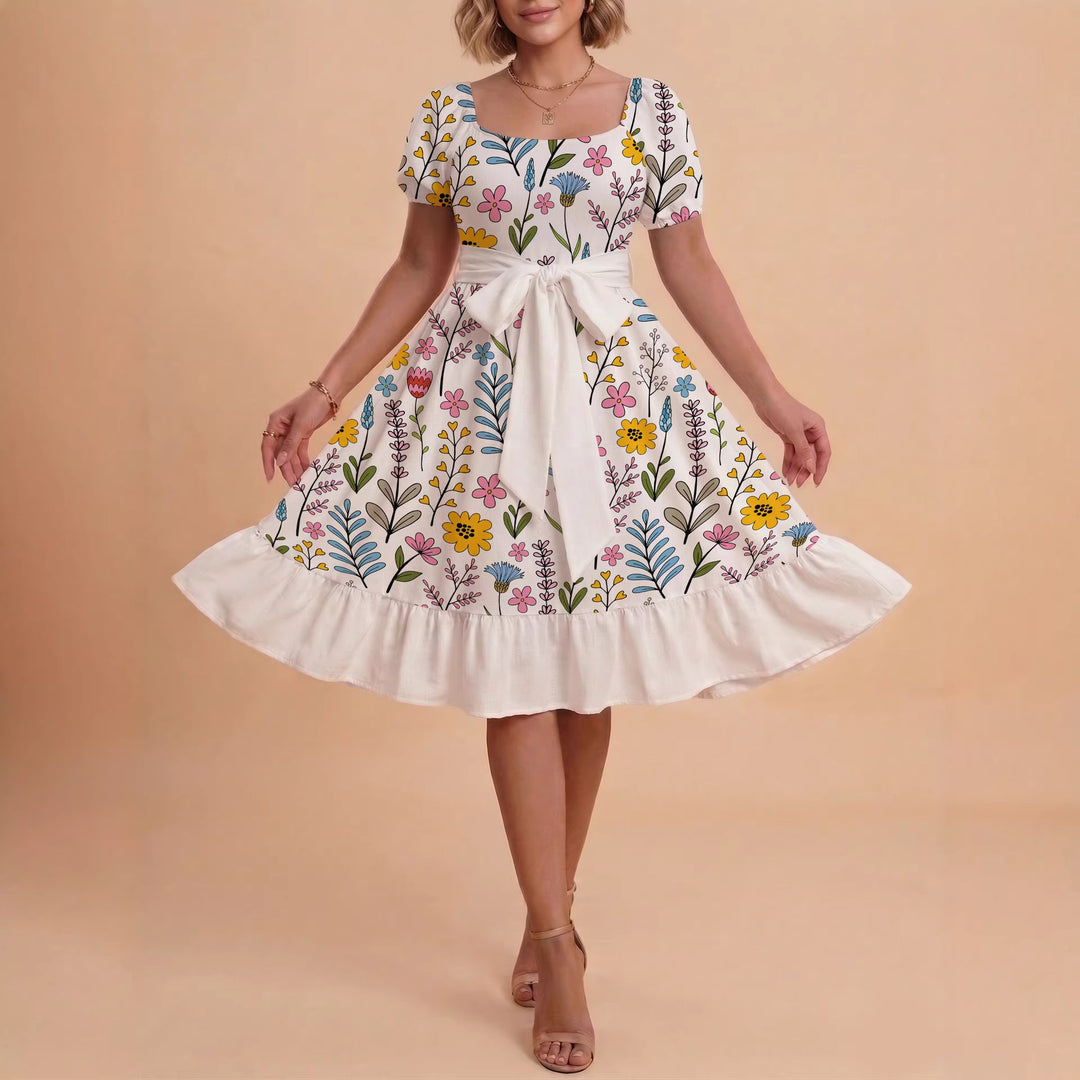 Damen Sommerkleid mit floralem Puffärmel und taillierbarem Gürtel Echo Archiv