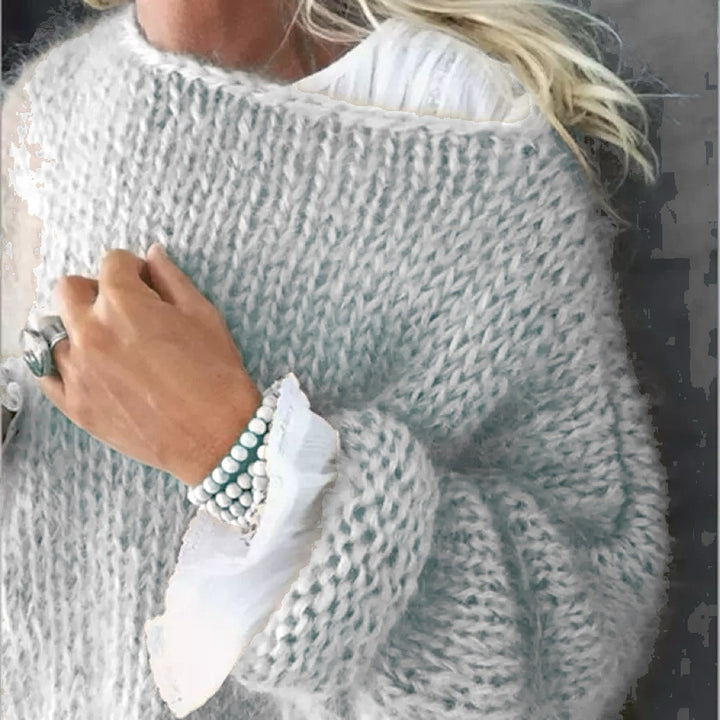 Damen Kurzgeschnitteter flauschiger Grobstrickpullover mit überschnittener Schulter – Mavelle