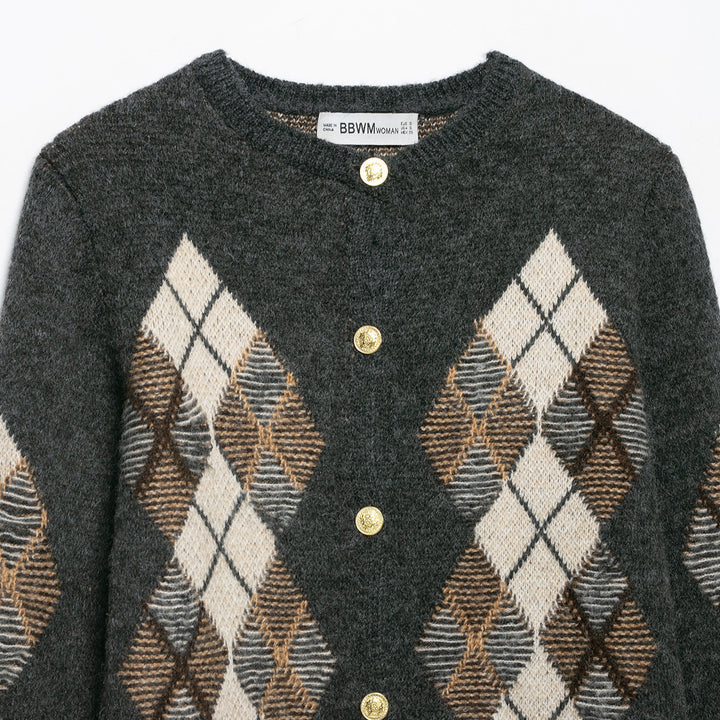 Damen Kurzgeschnittener Argyle-Cardigan im Retro-Strick mit goldenen Zierknöpfen Echoarchiv