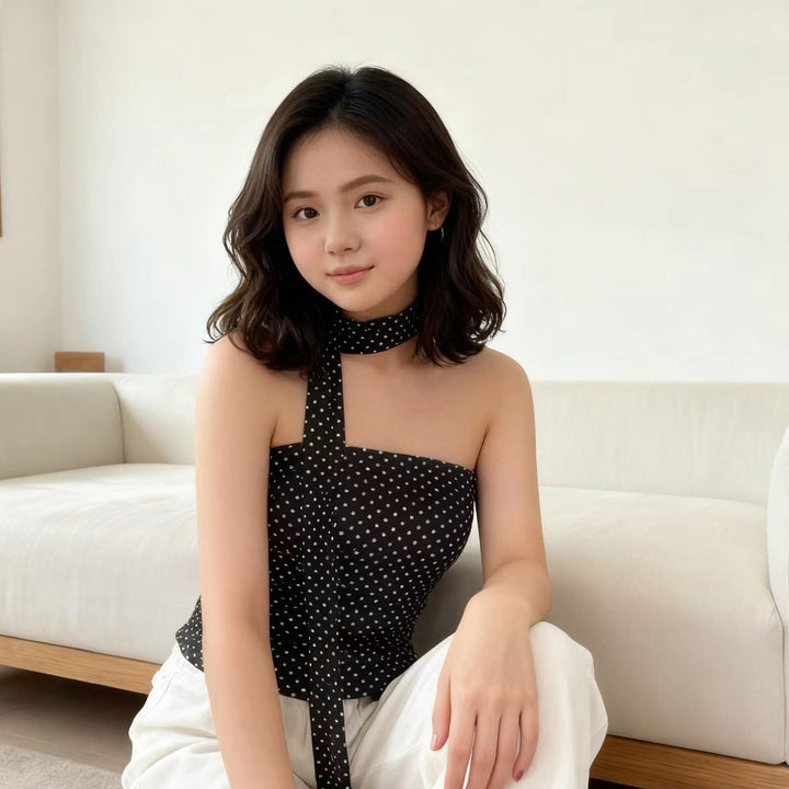 Damen Elegantes Polka-Dots Oberteil mit schmalem Bandeau und formenden Details Echo Archiv