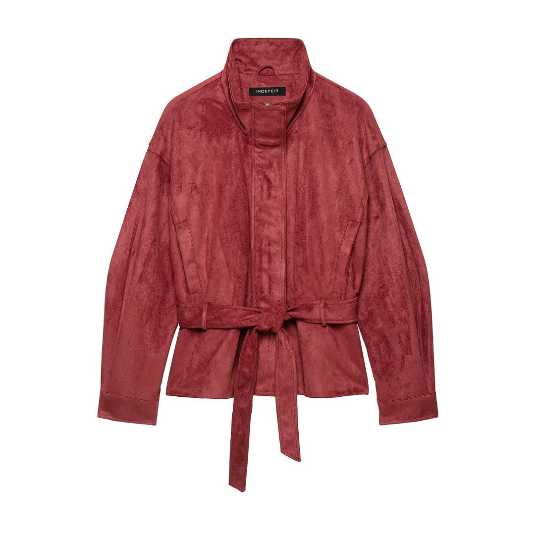 Damen Kimonoinspirierte Veloursjacke mit Bindegürtel und hohem Stehkragen Echoarchiv