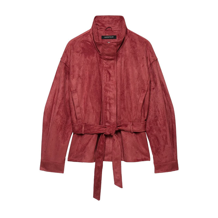 Damen Kimonoinspirierte Veloursjacke mit Bindegürtel und hohem Stehkragen Echoarchiv