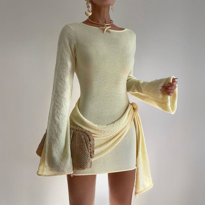 Damen nan elegantes Terry-Minikleid mit taillierter Silhouette, langen Ärmeln und seitlicher Drapé-Schleife Echo Archiv