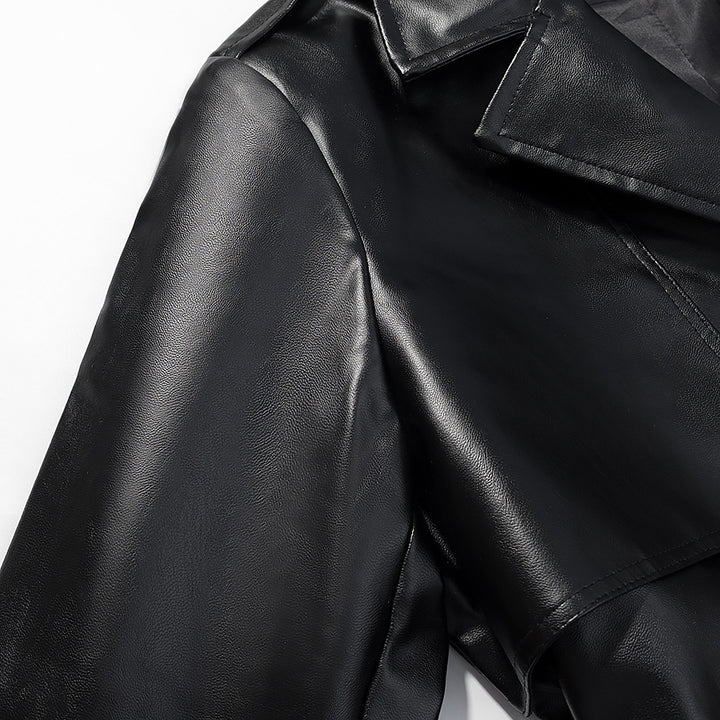 Damen Langer Trenchcoat aus Lederoptik mit Bindegürtel und Epauletten Echo Archiv