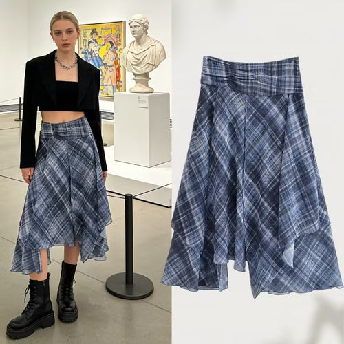 Damen Asymmetrischer Lagenrock mit hohem Falzgürtel und kariertem Chiffon Echo Archiv