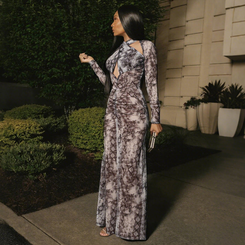 Damen Schlangehaut Maxikleid mit raffiniertem Schnitt und Deep-V-Ausschnitt Echo Archiv
