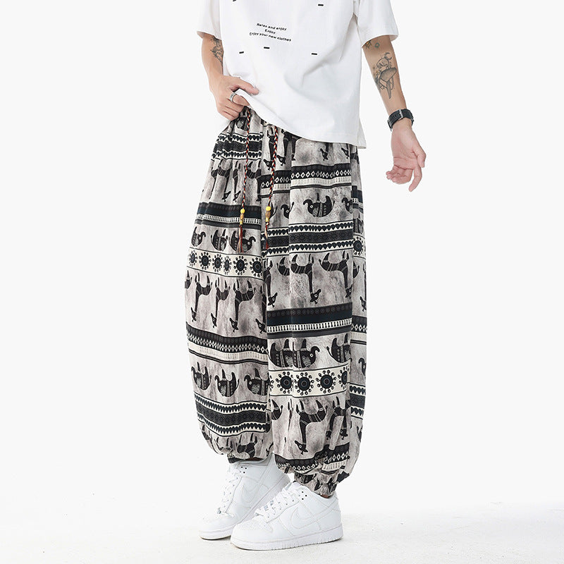 Damen Weite Boho-Haremshose aus Baumwollmix mit elastischem Bund und Ethno-Print Echo Archiv