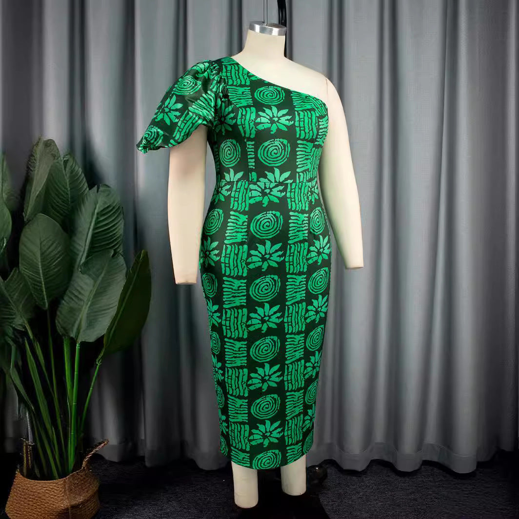 Damen asymmetrisches Maxi-Kleid mit einzigartigem Muster und voluminösem Puffärmel Echo Archiv