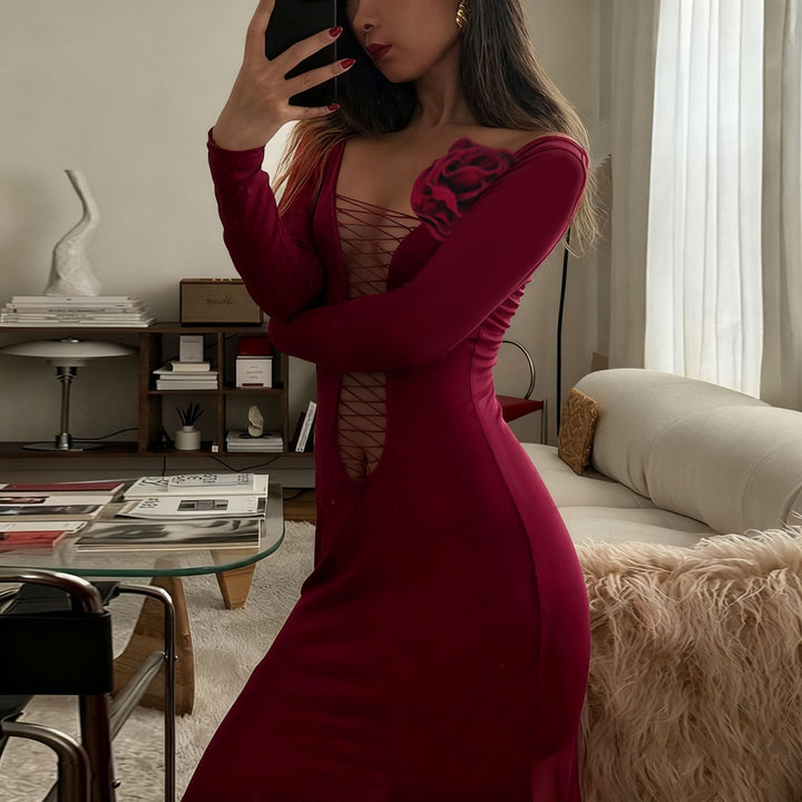 Damen figurbetontes Maxikleid mit Schnürung und floralem Detail Echo Archiv