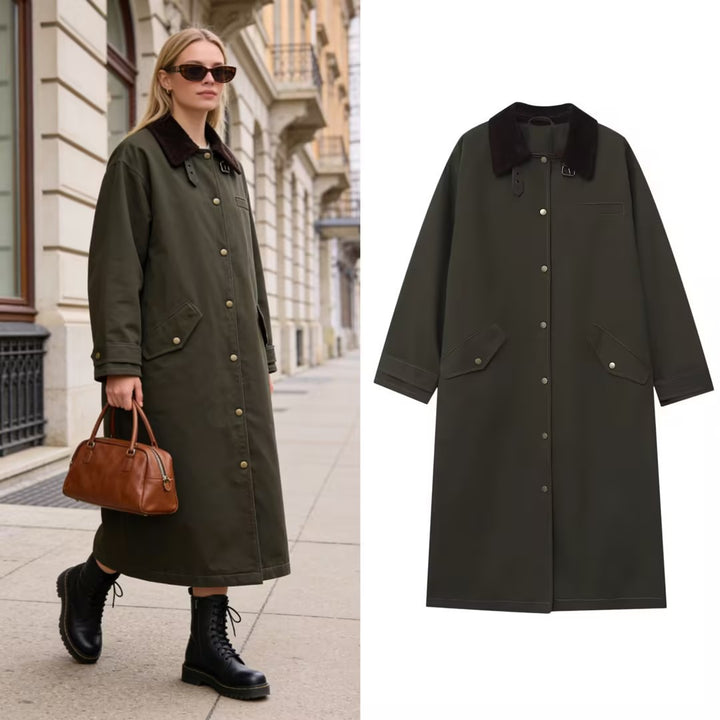 Damen langer wasserdichter Parka-Mantel mit Cordkragen und Druckknopfleiste Echo Archiv