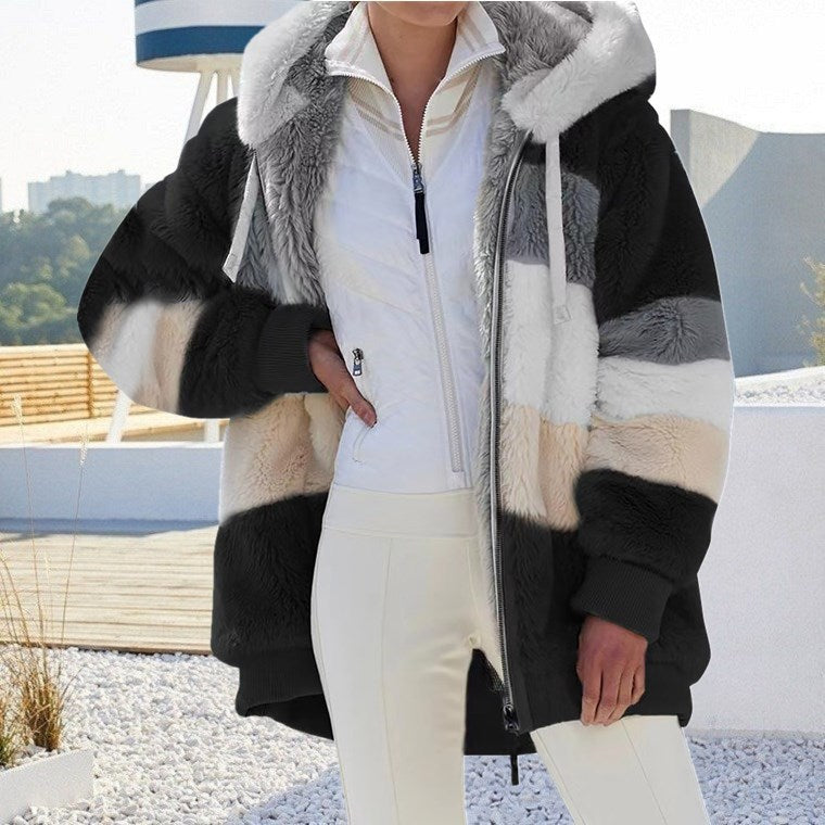 Damen nan Oversize Teddyfell-Kapuzenjacke mit Farbblock-Streifen, hochwertigem Reißverschluss und gerippten Bündchen Echo Archiv