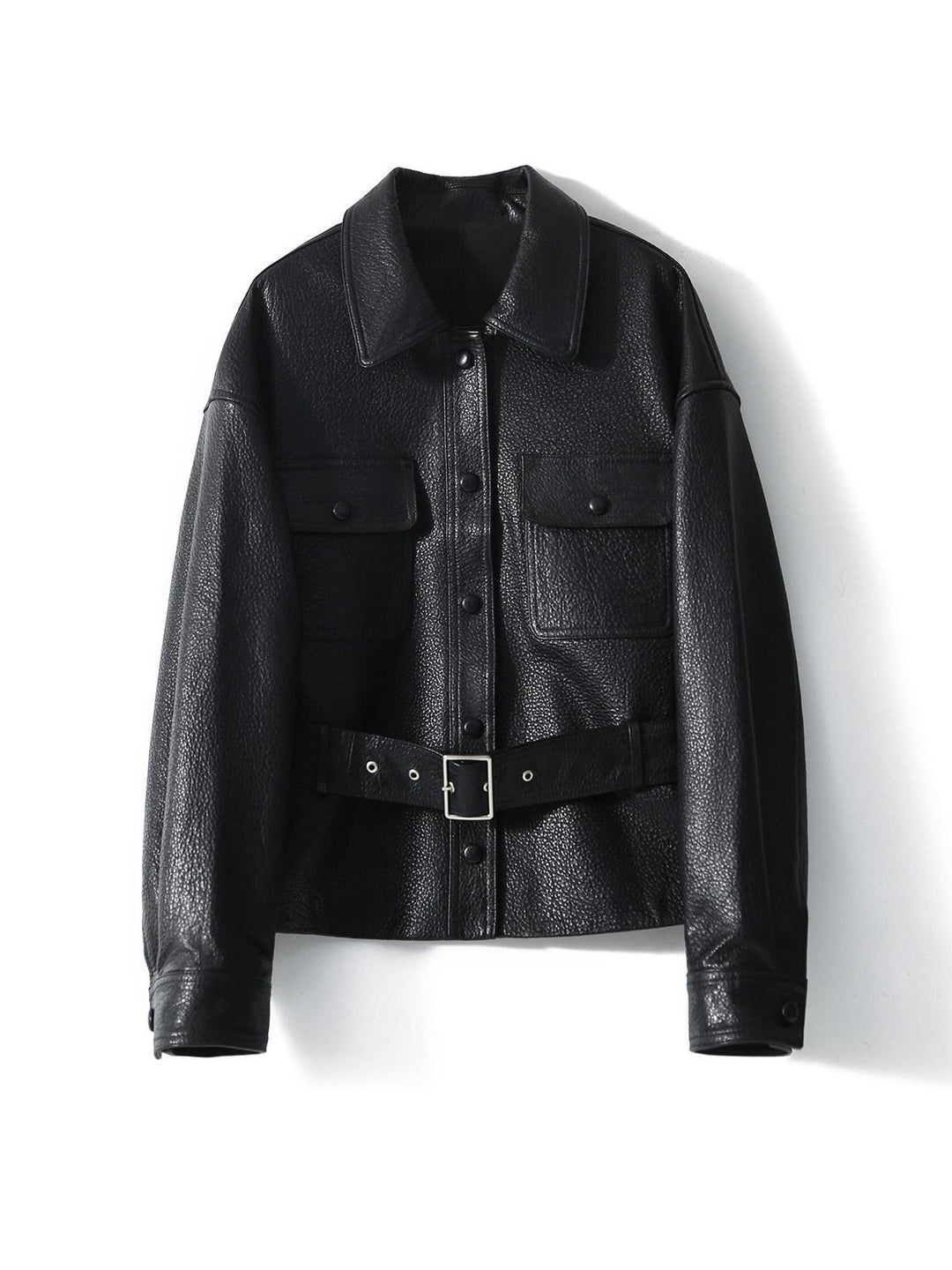 Damen Kurzjacke aus strukturiertem Leder mit Taillengürtel und Druckknöpfen Echoarchiv