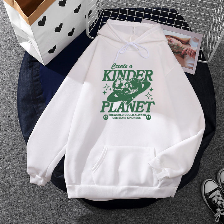 Unisex oversized Kapuzenpullover mit Statement-Print "Kinder Planet", Kängurutasche und weichem Futter – Auréline