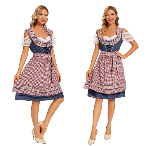 Damen nan traditionelles Trachtenkleid mit Schnürmieder, Spitzenärmeln und karierter Schürze Echo Archiv