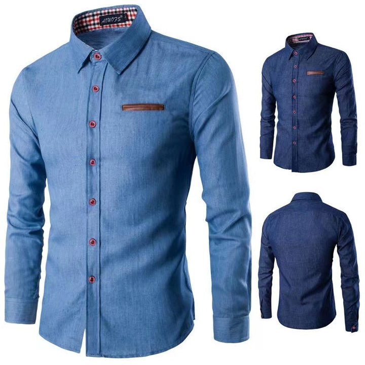 Herren nan Slim-Fit Denim-Hemd mit Brustleistentasche und kariertem Kragenfutter Echo Archiv