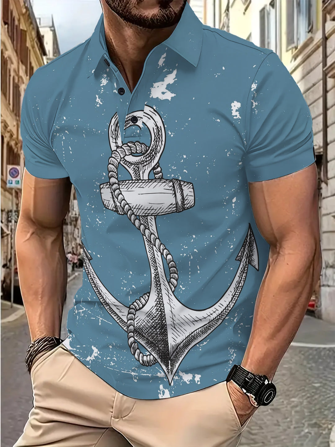 Herren Kurzarm Poloshirt mit maritimem Ankerdesign Echoarchiv