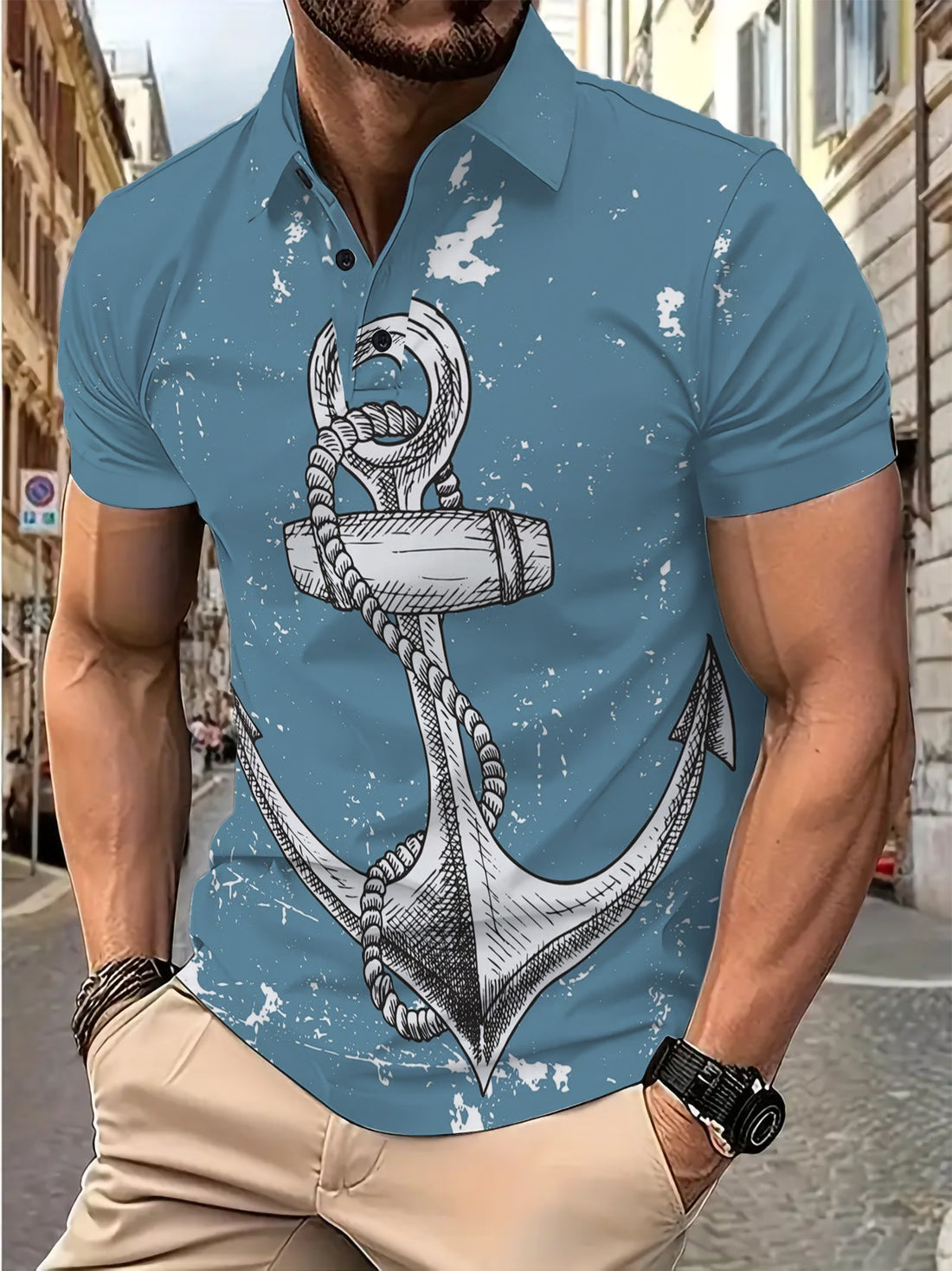 Herren Kurzarm Poloshirt mit maritimem Ankerdesign – Cavello