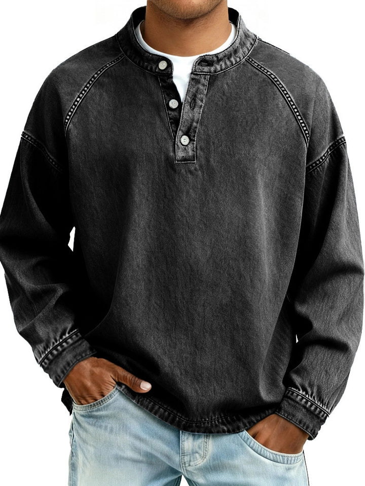 Herren verwaschenes Henley-Shirt mit Stehkragen, lockerer Passform und Knopfleiste – Marzano