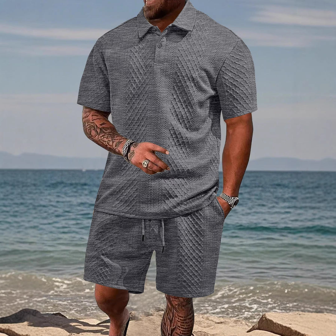 Herren nan geprägtes Strand-Ensemble mit offenem Kurzarm-Hemd und Kordel-Bermuda Echoarchiv