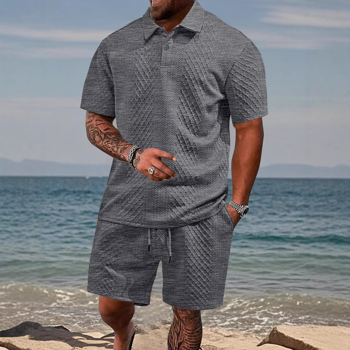 Herren nan geprägtes Strand-Ensemble mit offenem Kurzarm-Hemd und Kordel-Bermuda Echoarchiv
