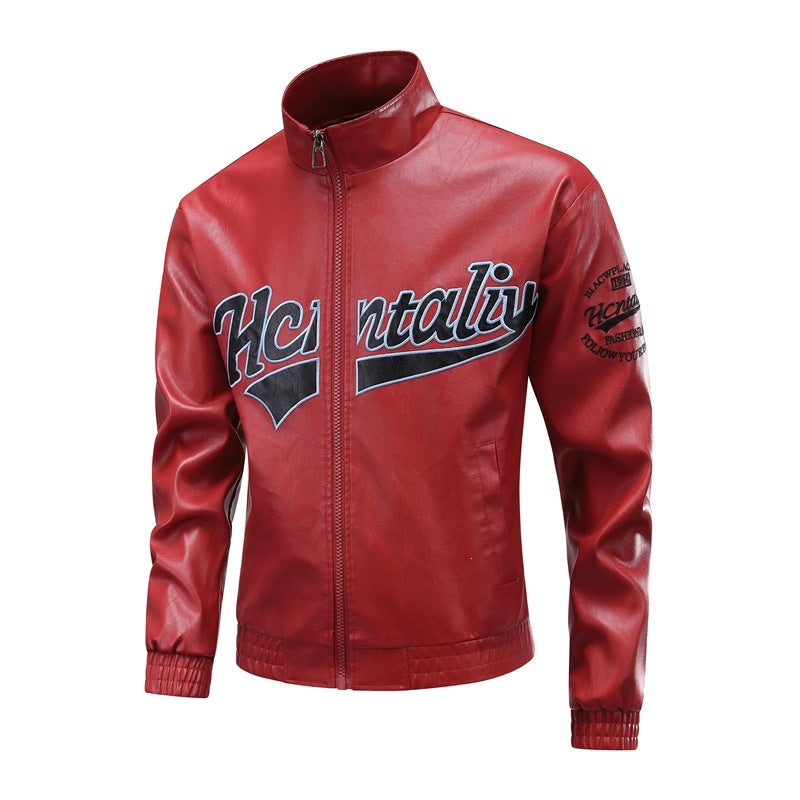 Herren Lederimitat-Bomberjacke mit Stehkragen, Logostickerei & Frontzip Echoarchiv