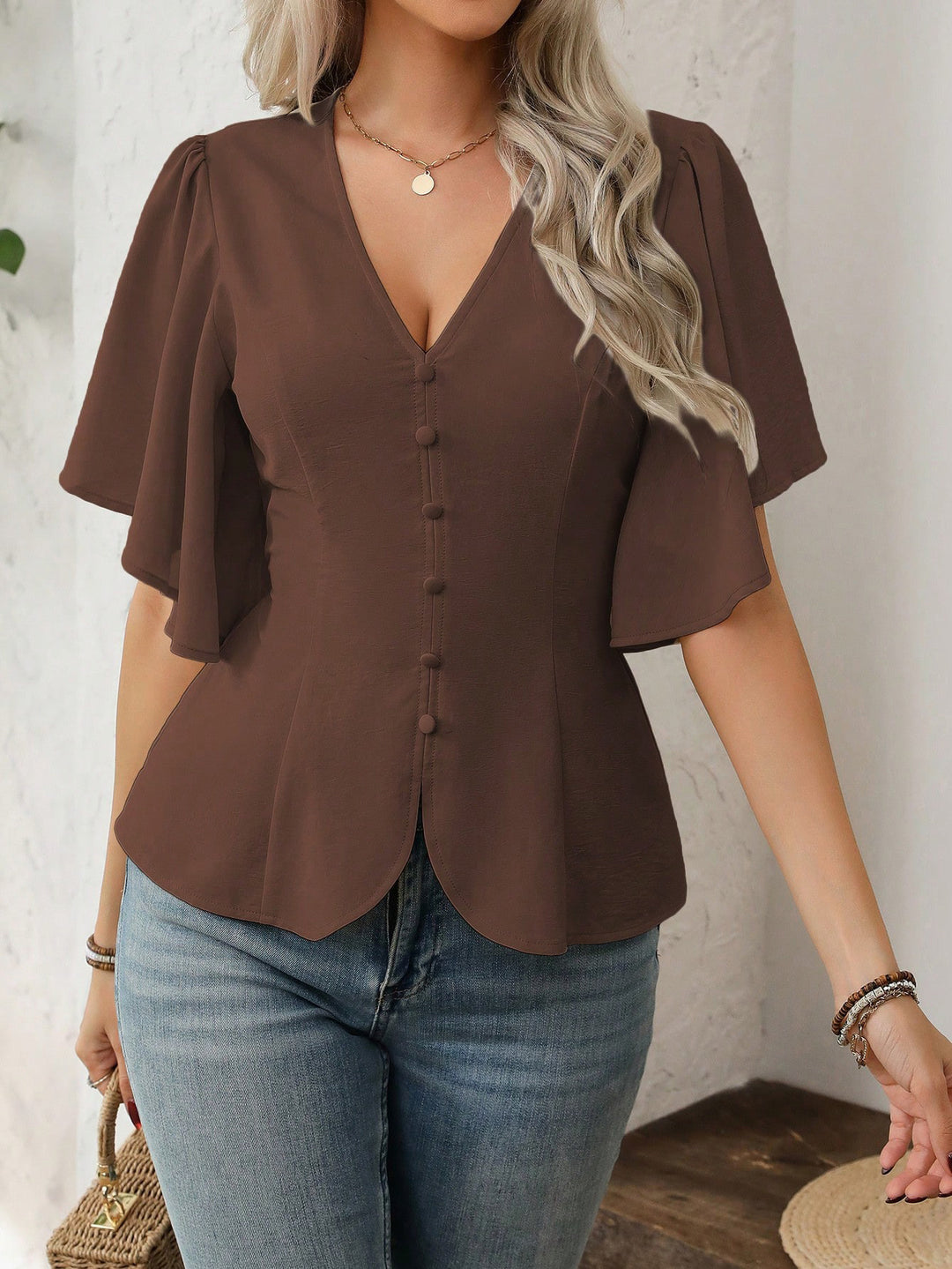 Damen V-Ausschnitt taillierte Bluse mit Schößchen und Volantärmeln – Élovi