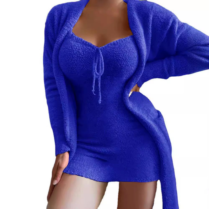Damen nan luxuriöses Teddy-Fleece Lounge-Set mit Longcardigan, gerafftem Cropped-Bustier und Highwaist-Hose Echo Archiv