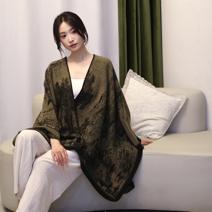 Damen Jacquard‑Strickcape mit strukturierter Weboptik und offener Front Echo Archiv