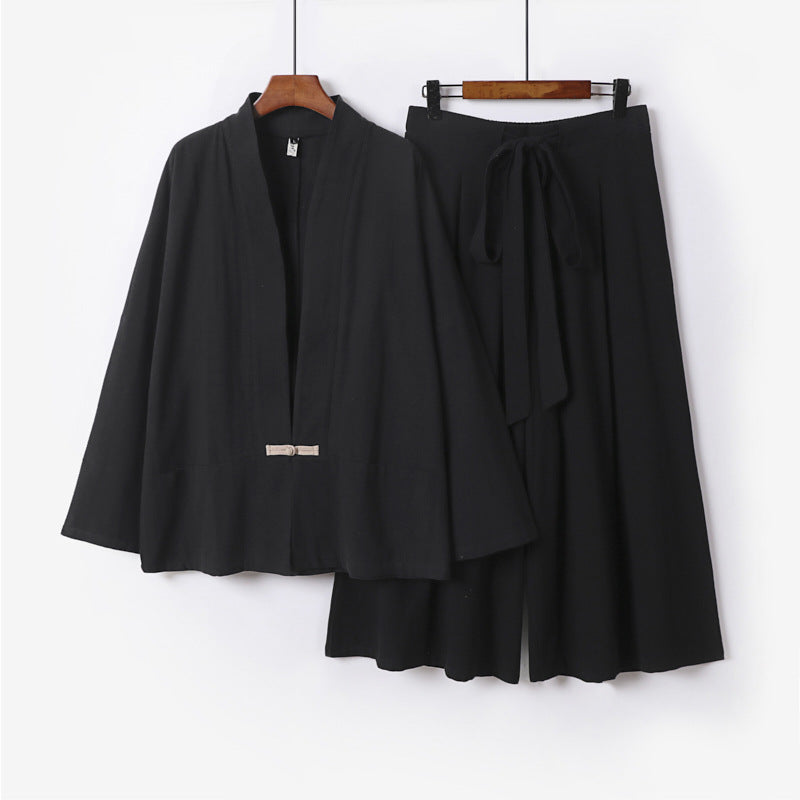 Damen Zen-inspiriertes Kimono-Set aus fließender Viskose mit kurzer Jacke und weiter Culotte-Hose Echoarchiv