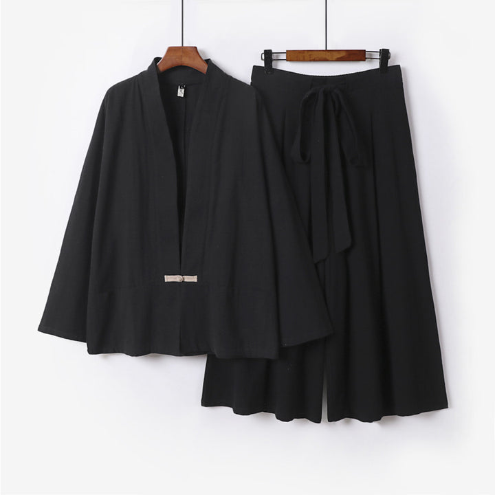 Damen Zen-inspiriertes Kimono-Set aus fließender Viskose mit kurzer Jacke und weiter Culotte-Hose Echoarchiv