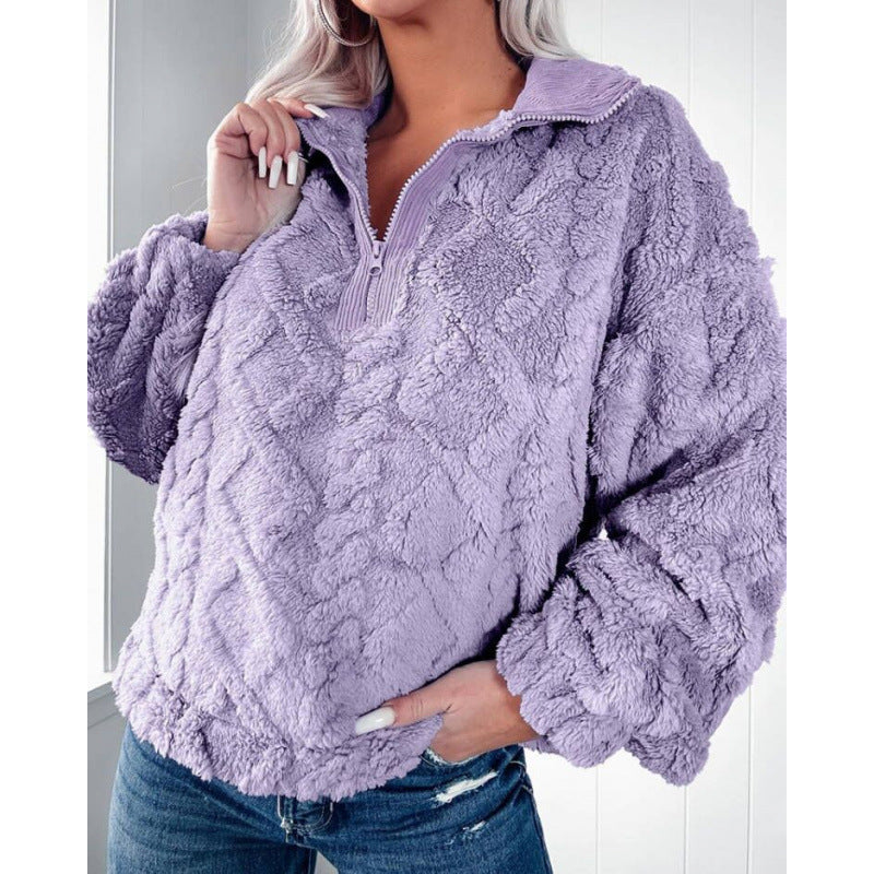 Damen Plüschpullover im Teddy-Look mit halbem Reißverschluss und strukturierter Rautenoptik Echo Archiv
