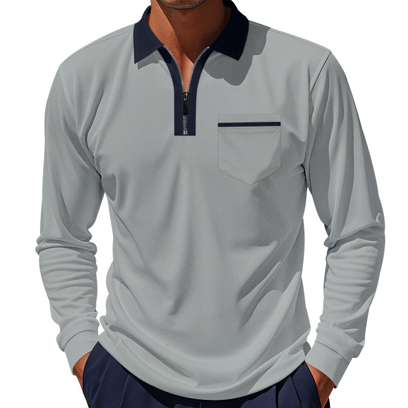 Herren nan langärmeliges Zip-Poloshirt mit Brusttasche und Kontrastkragen Echo Archiv