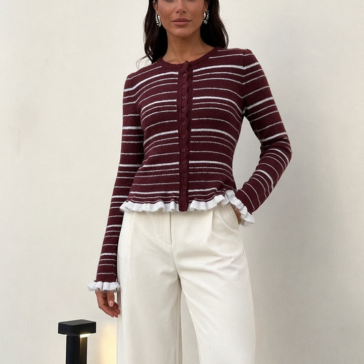 Damen Feinstrick-Buttoncardigan mit Streifen, Rüschenbesatz & taillierter Passform Echoarchiv