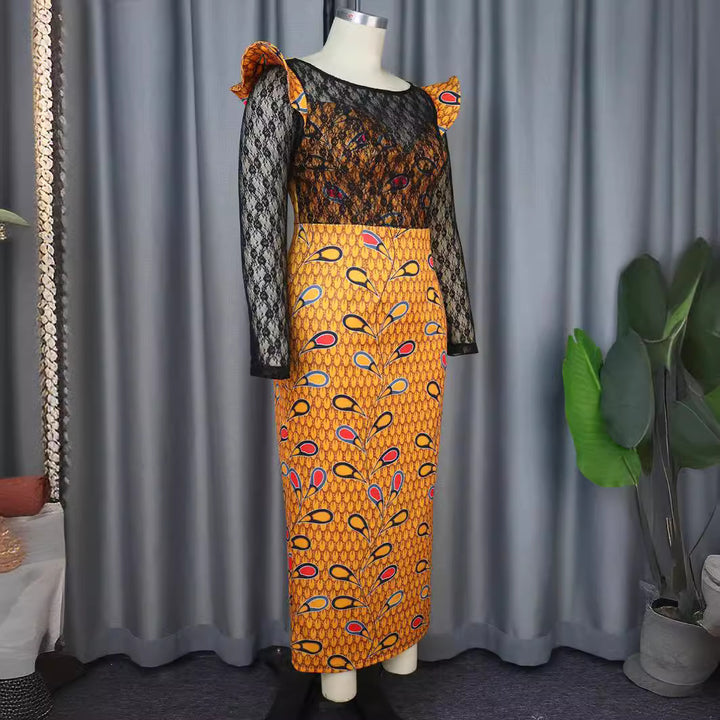 Damen Elegantes Langarmkleid mit floralem Muster und transparenter Spitzeneinlage Echo Archiv