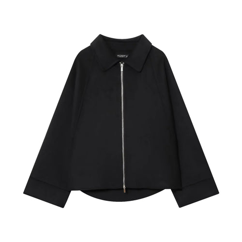 Damen kastiges Zip-Overshirt mit Hemdkragen, Raglanärmeln und verlängertem Saum – Célinea