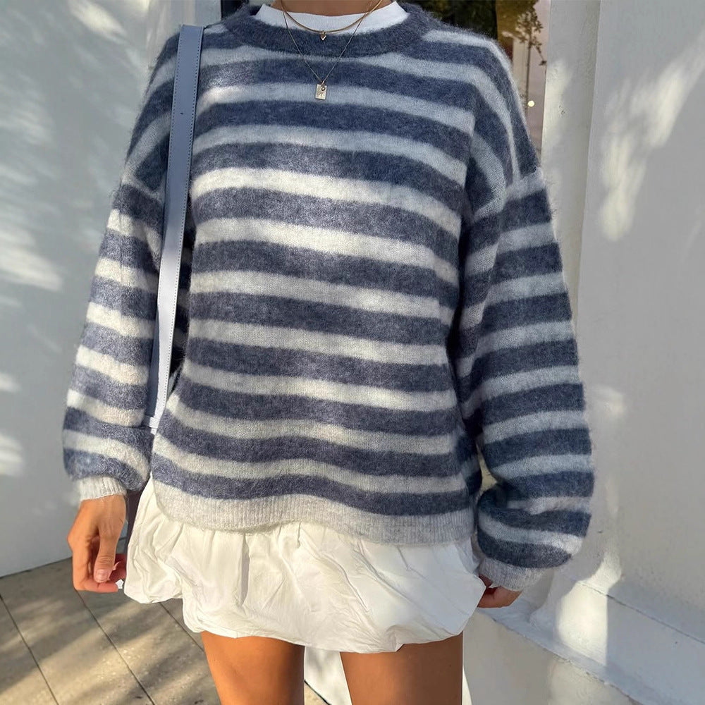Damen Gestreifter Mohair-Mix Oversize-Pullover mit Ballonärmeln Echoarchiv