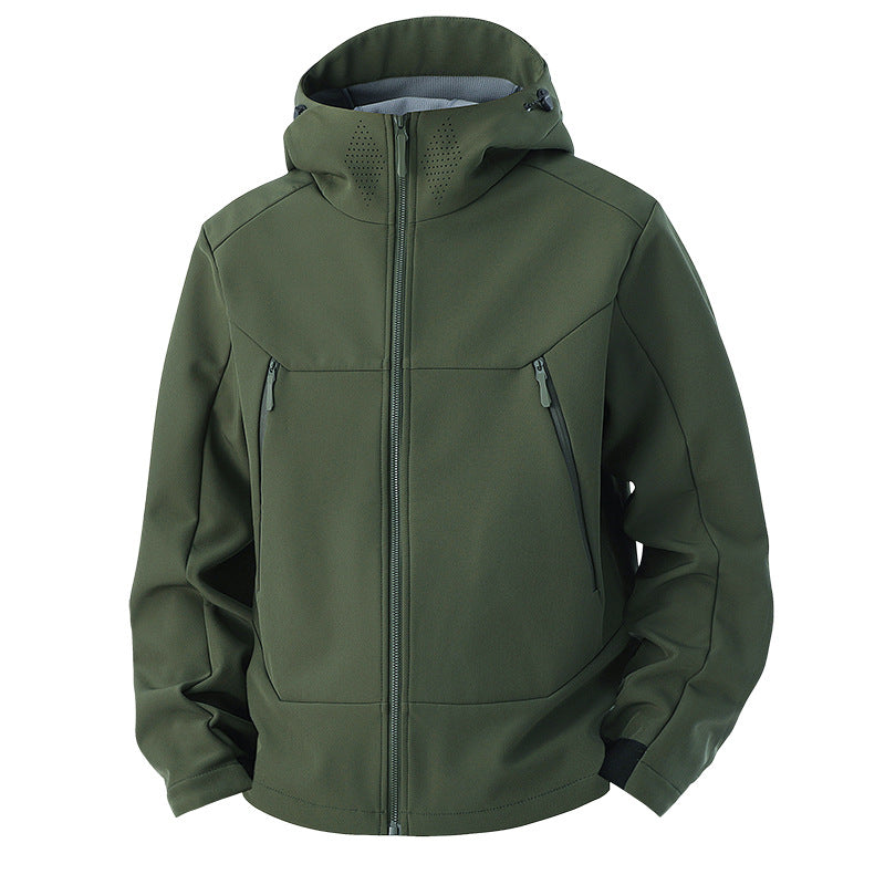 Herren Softshell-Funktionsjacke mit hohem Thermokragen, Kapuze und wasserabweisenden Reißverschlüssen Echoarchiv
