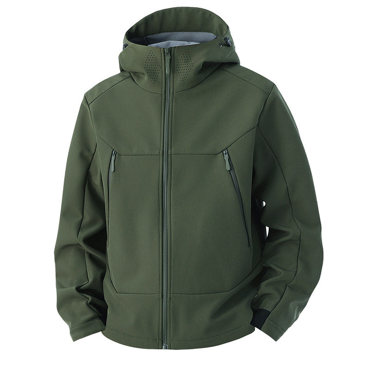 Herren Softshell-Funktionsjacke mit hohem Thermokragen, Kapuze und wasserabweisenden Reißverschlüssen Echoarchiv
