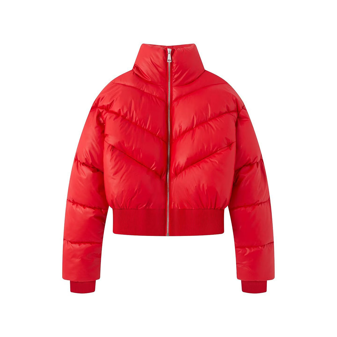 Damen Cropped Pufferjacke mit hohem Stehkragen und breitem Rippenbund Echoarchiv