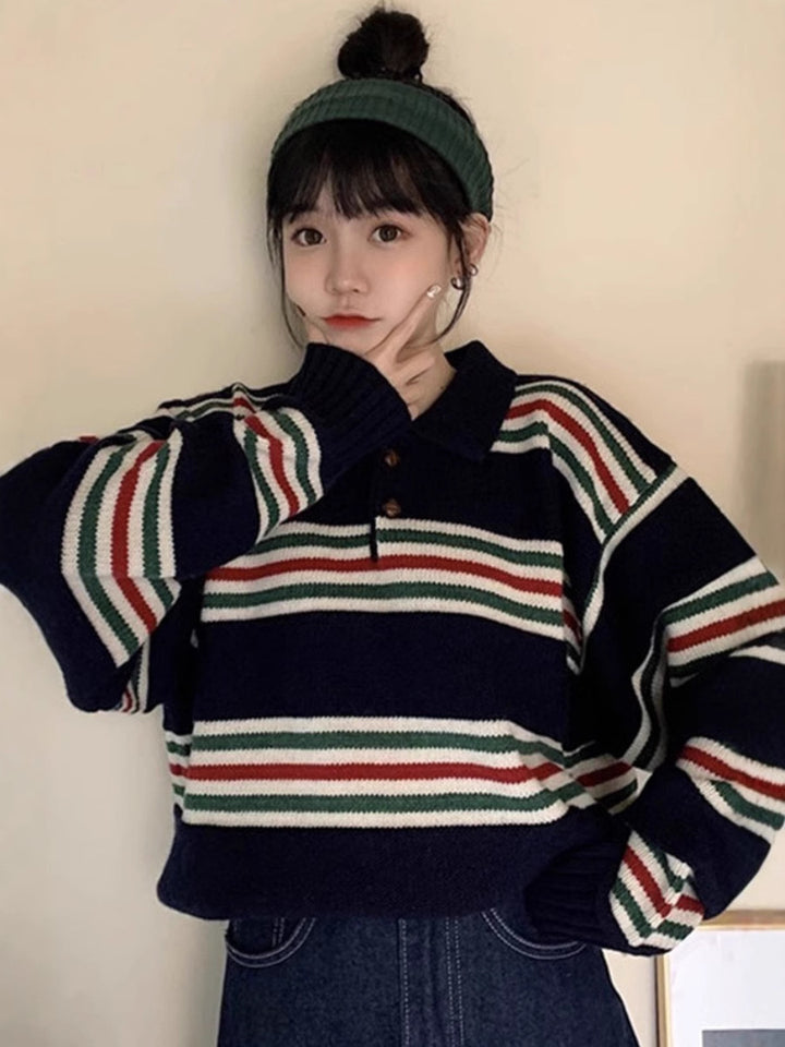 Damen Oversize Polokragen-Strickpullover mit maritimen Blockstreifen und kastiger Cropped-Silhouette Echoarchiv
