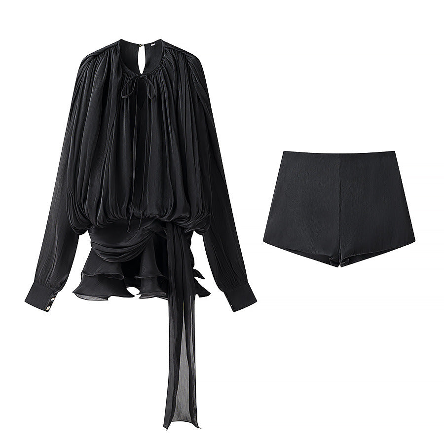 Damen nan luftiges Chiffon-Wickelblusen-Set mit Schärpe und Lagen-Shorts Echo Archiv