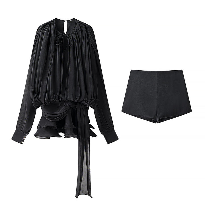 Damen nan luftiges Chiffon-Wickelblusen-Set mit Schärpe und Lagen-Shorts Echo Archiv