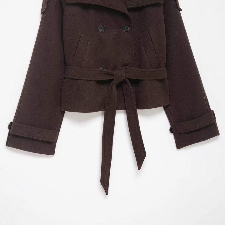 Damen Cropped Wollmix‑Kurzmantel mit hohem Stehkragen, Epauletten und Taillengürtel Echoarchiv