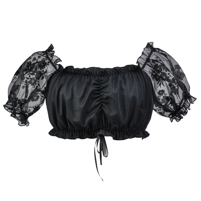 Damen nan gerafftes Carmen-Bauchfreies Top mit Puffärmeln und elastischem Saum Echo Archiv