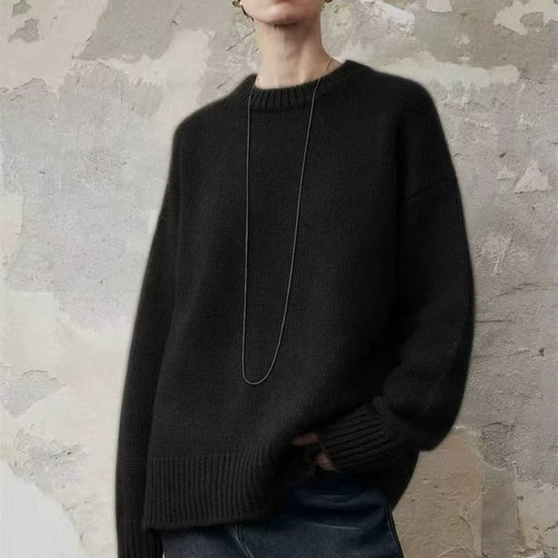 Damen Oversize-Feinstrickpullover mit Rundhals, fallender Schulter und geripptem Saum Echoarchiv