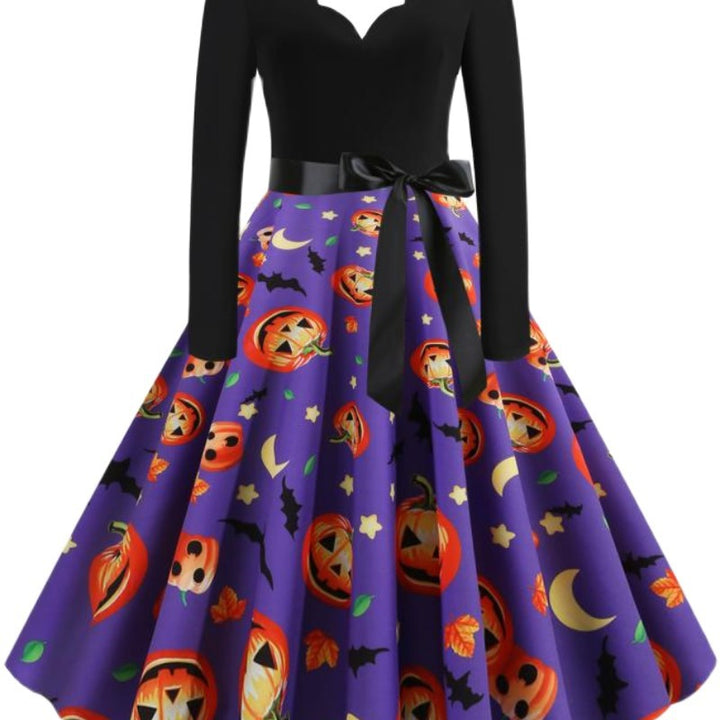Damen Vintage Swingkleid mit Halloween-Kürbisprint und tailliertem Satinschärpenbund – Élara