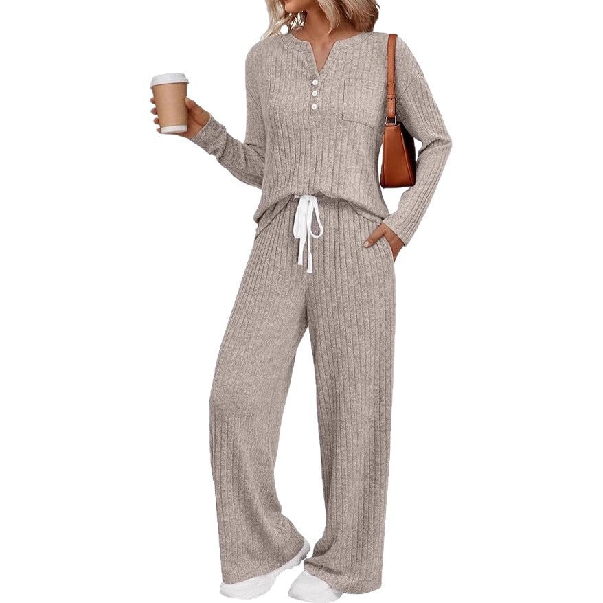 Damen Rippstrick-Lounge-Set mit Knopfleiste und weitem Kordelbund-Hose – Mavelle