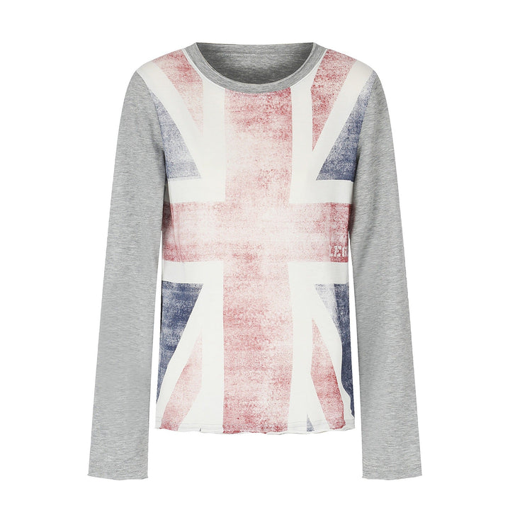 Damen Rundhals-Longsleeve aus Baumwollmix mit Vintage-Union-Jack-Print und Kontrastärmeln Echoarchiv