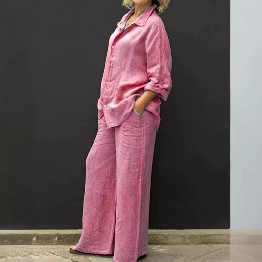 Damen Entspanntes Leinen-Set mit Oversize-Hemd und weiter Palazzo-Hose Echo Archiv