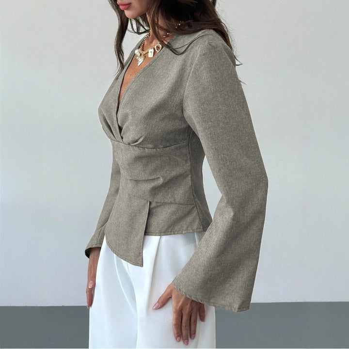 Damen Wickelbluse mit taillierter Drapierung und ausgestellten Ärmeln – Avérine
